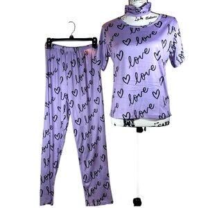 LOVE‎ Print Pajama 3 Piece Set Women’s Small Purple Lilac Black NWOT